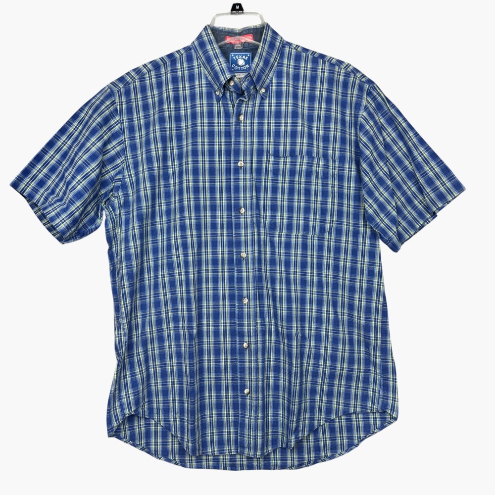 Texas Cotton Shirt Mens Medium Blue Yellow Plaid Short Sleeve Button Down USA